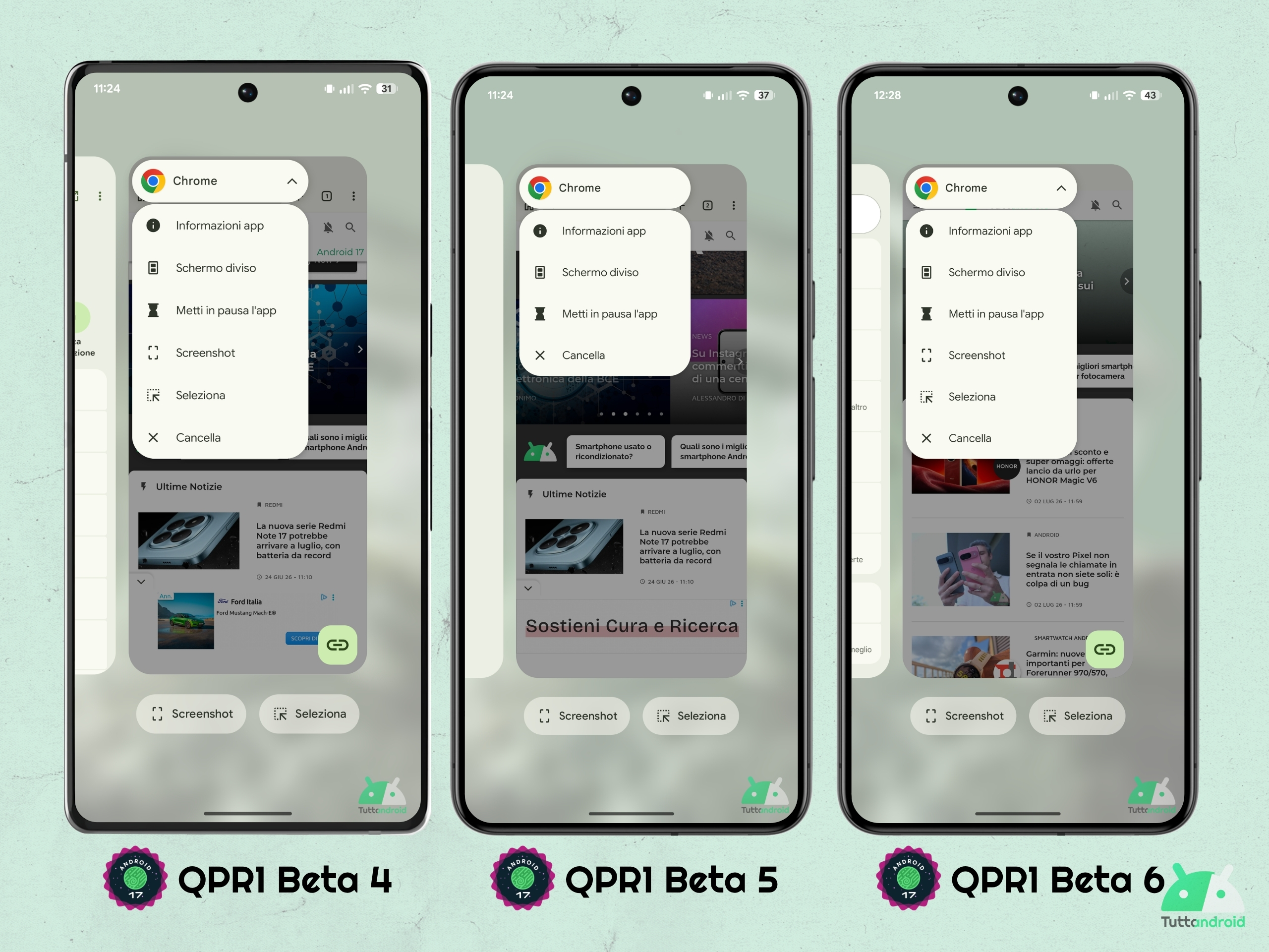 Android 17 QPR1 - Beta 6 - App recenti - Menù contestuale