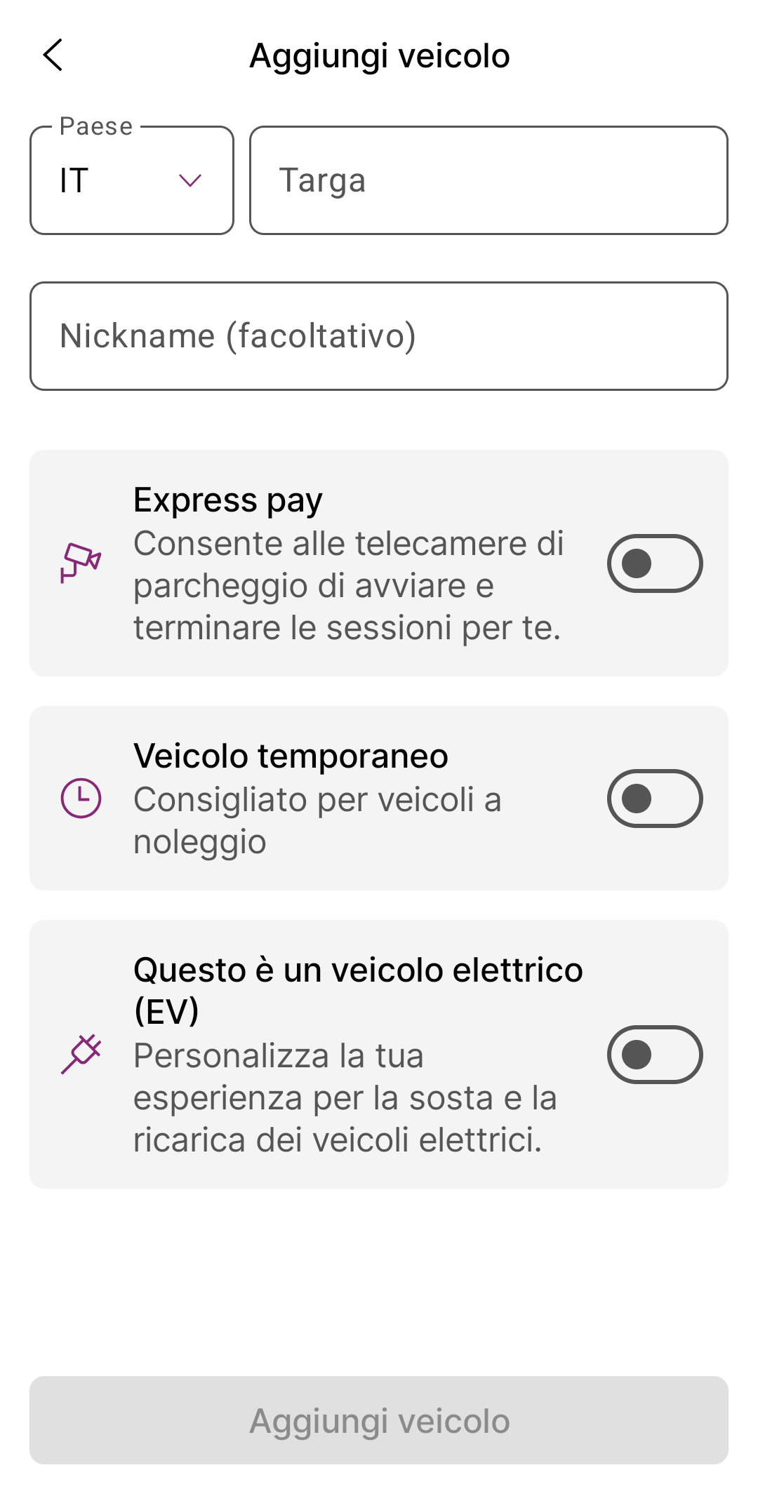 EasyPark funzione veicolo temporaneo