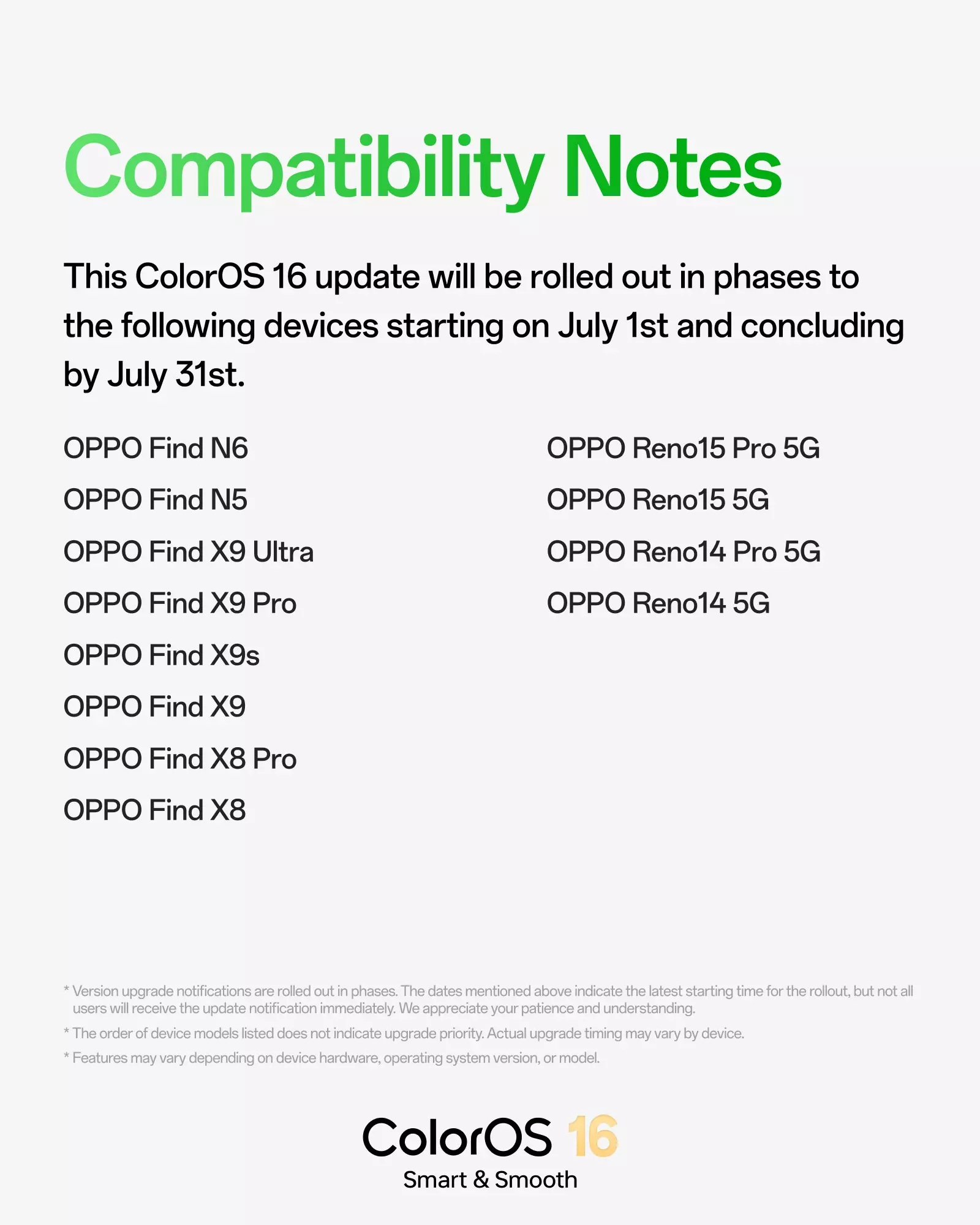 OPPO - ColorOS 16 - aggiornamento luglio 2026 - compatibility notes