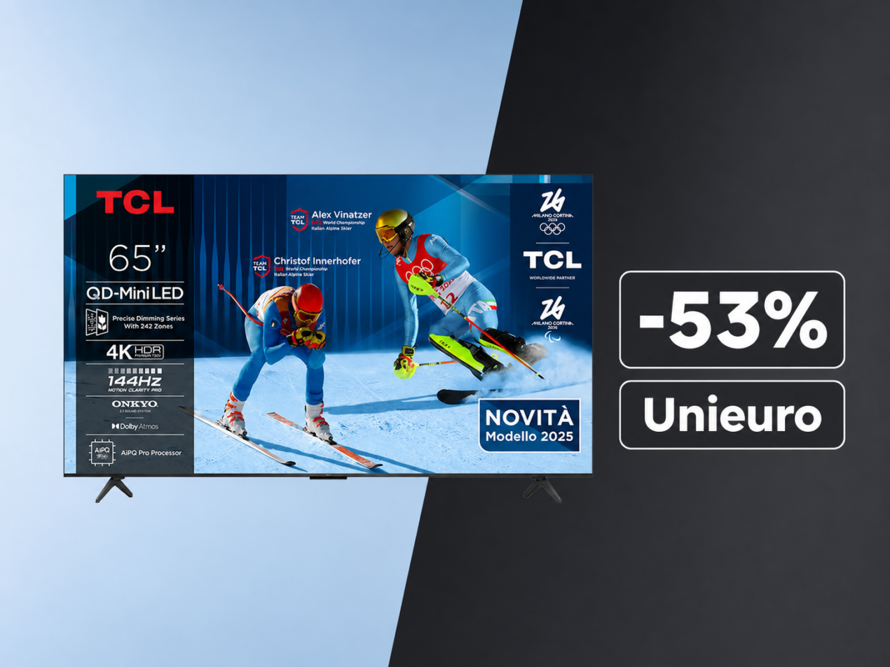 TCL Google TV a 474€ su Unieuro: QD-Mini LED da 65 pollici con 144Hz e audio Onkyo crolla del 52%