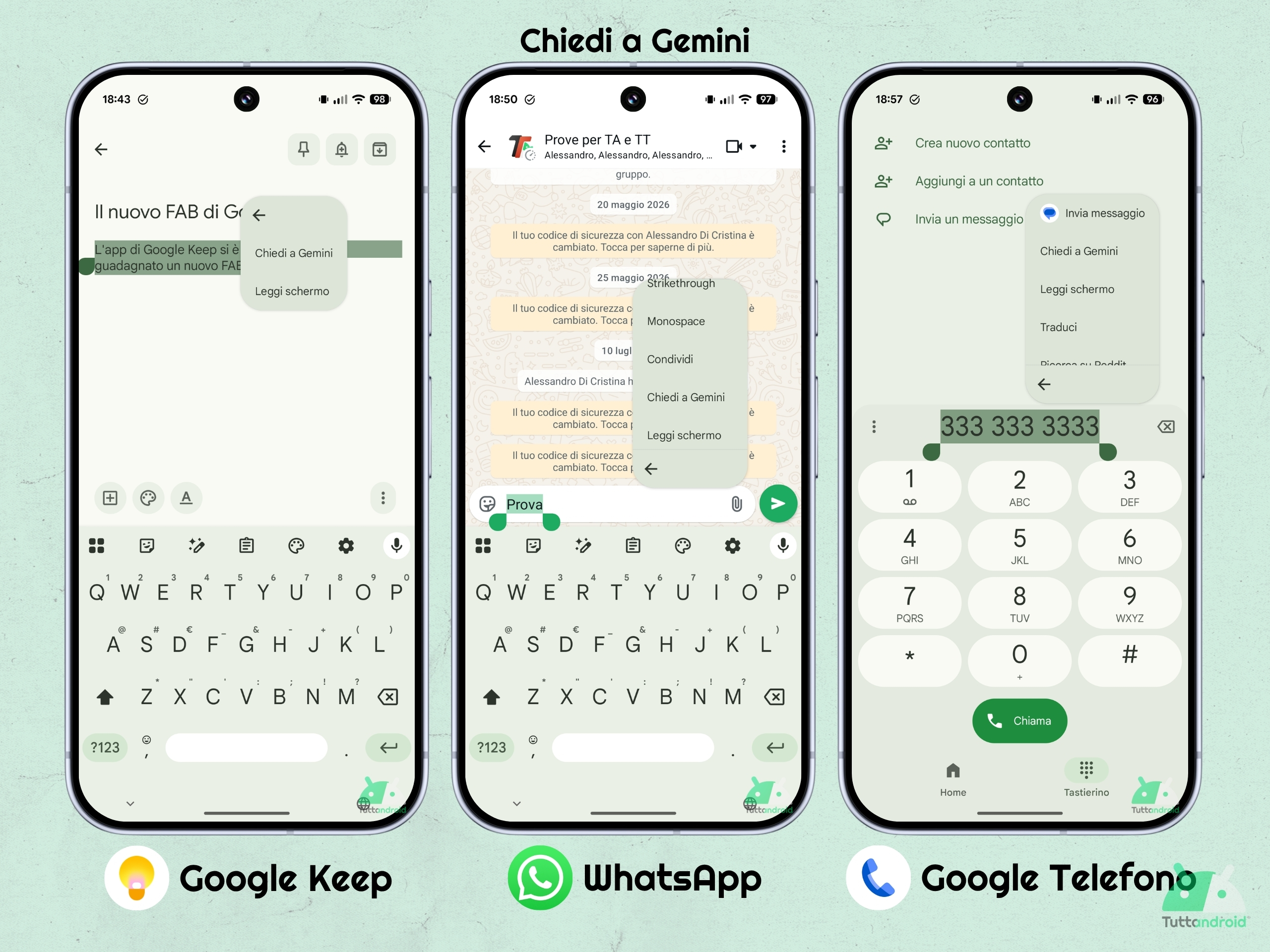 Chiedi a Gemini su Android - esempi Google Keep, WhatsApp, Google Telefono