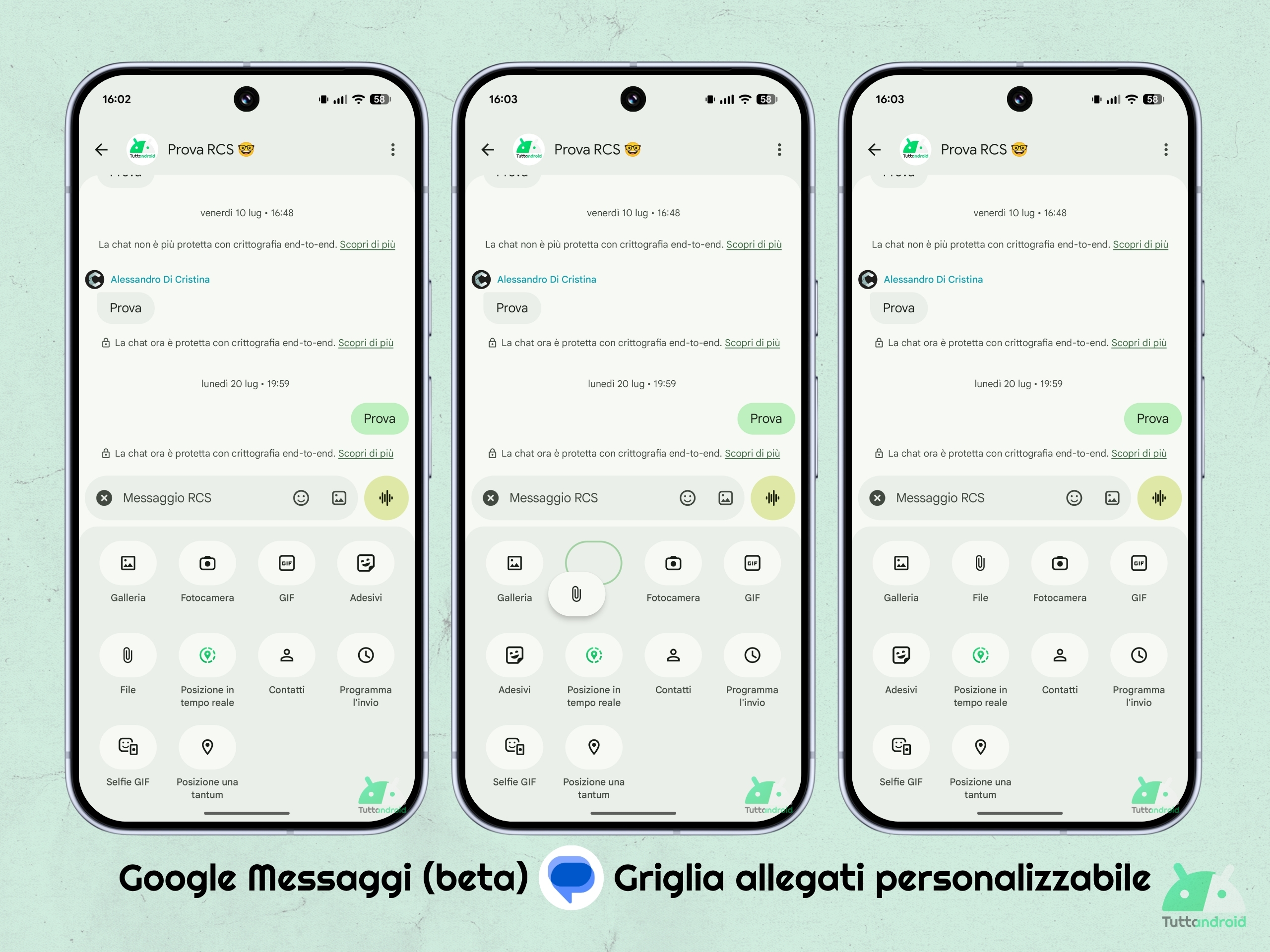 Google Messaggi v20260731 beta - Griglia allegati personalizzabile