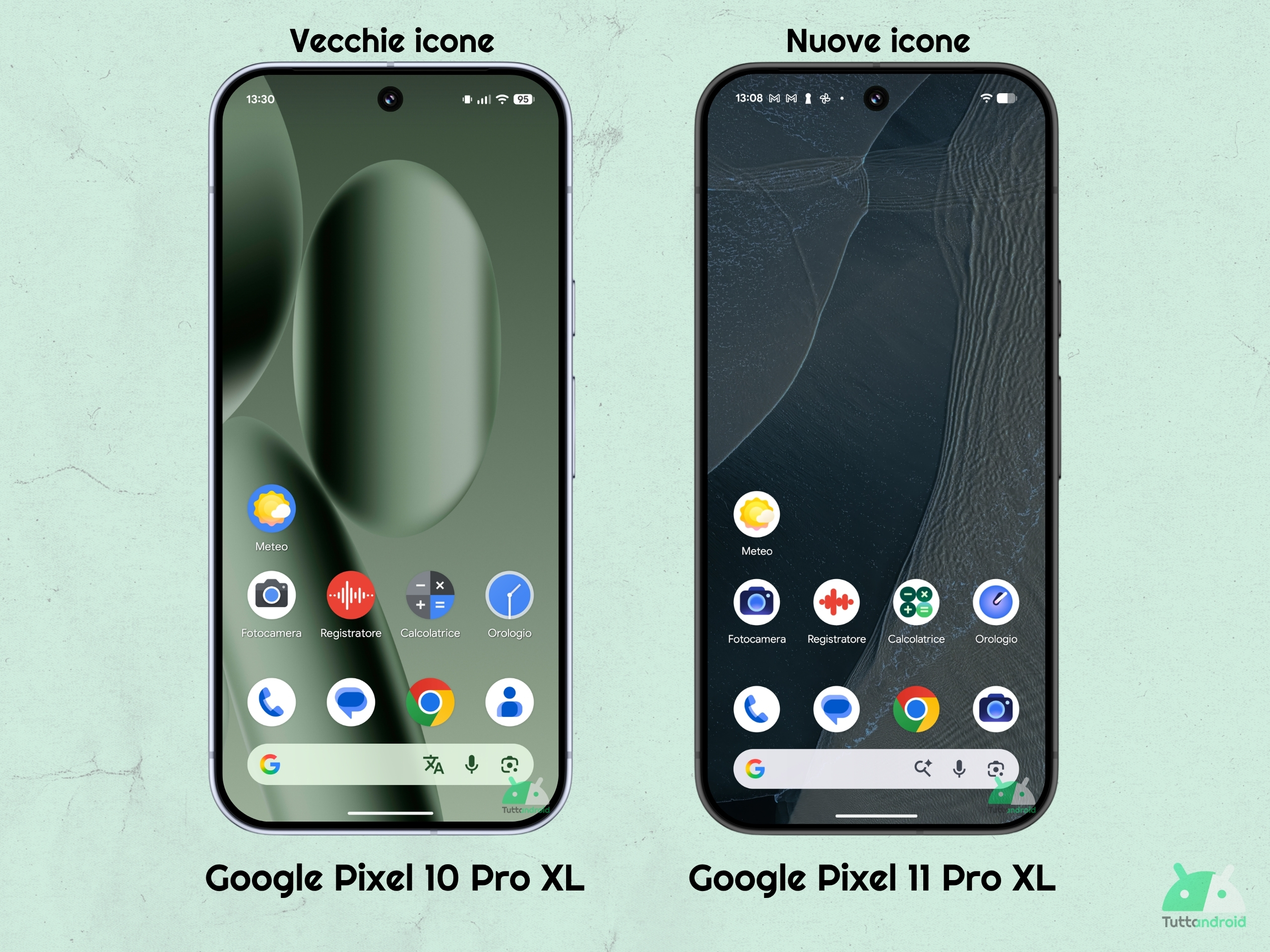Google Pixel 11 - nuove icone per Fotocamera Pixel, Meteo Pixel, Calcolatrice, Orologio, Registratore
