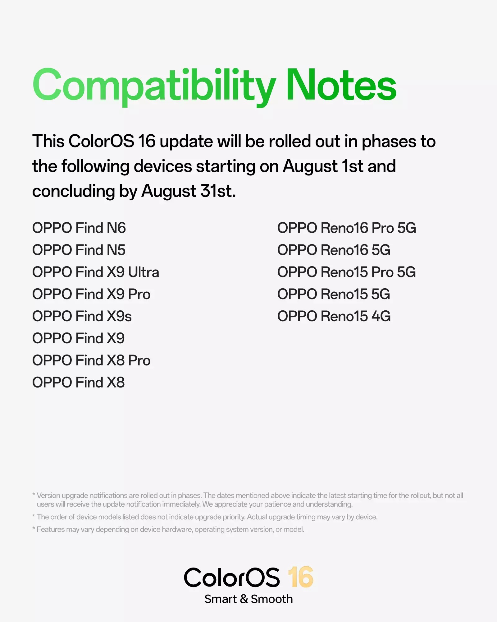 OPPO - ColorOS 16 - aggiornamento agosto 2026 - dispositivi compatibili