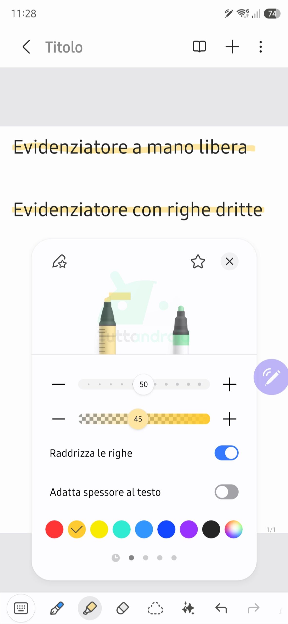 evidenziatori in Samsung Notes