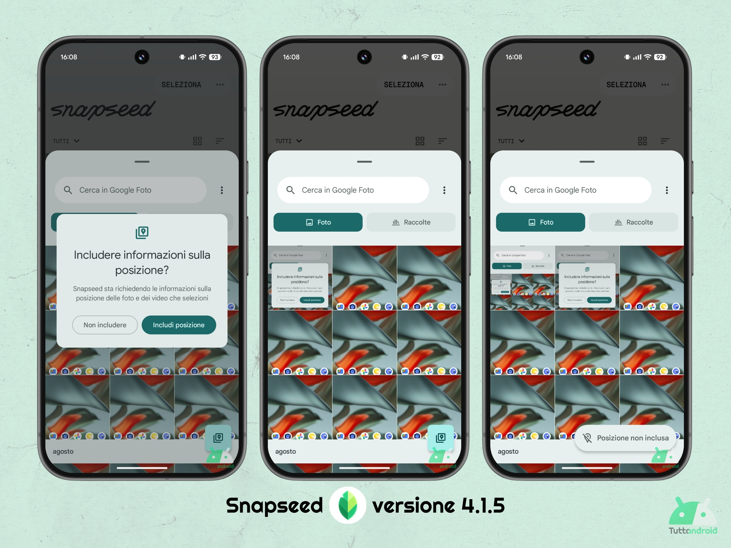 Snapseed v4.1.5 - Selettore file multimediali Android - Includere informazioni sulla posizione