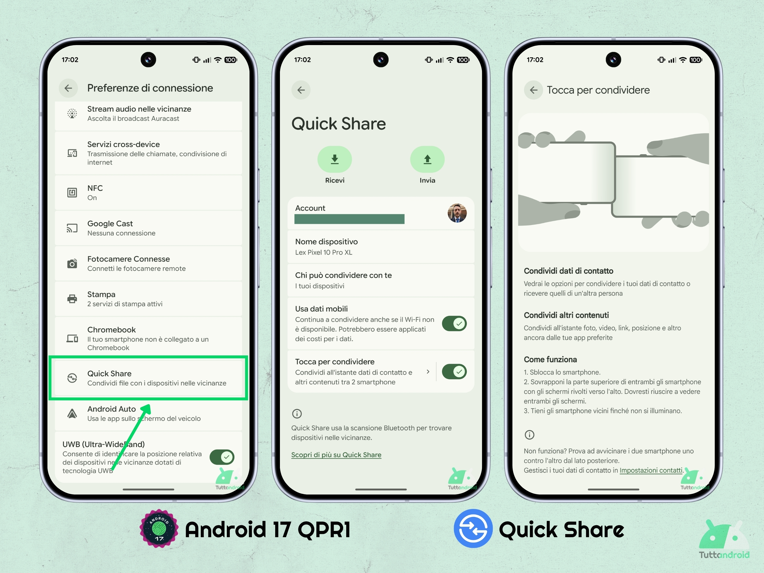 Android 17 QPR1 su Google Pixel 10 Pro XL - Quick Share con Tocca per condividere