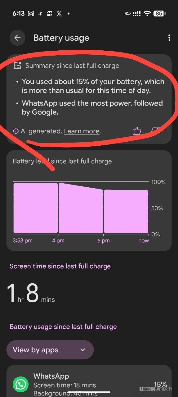 Google Pixel 10 - Riepilogo dell'utilizzo della batteria AA