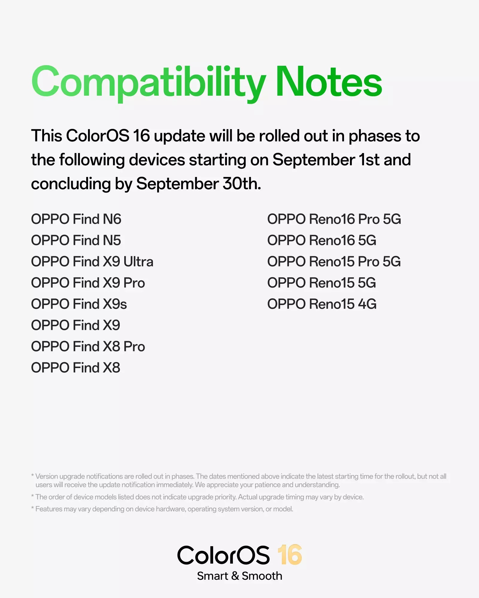 OPPO - ColorOS 16 - aggiornamento settembre 2026 - supporto