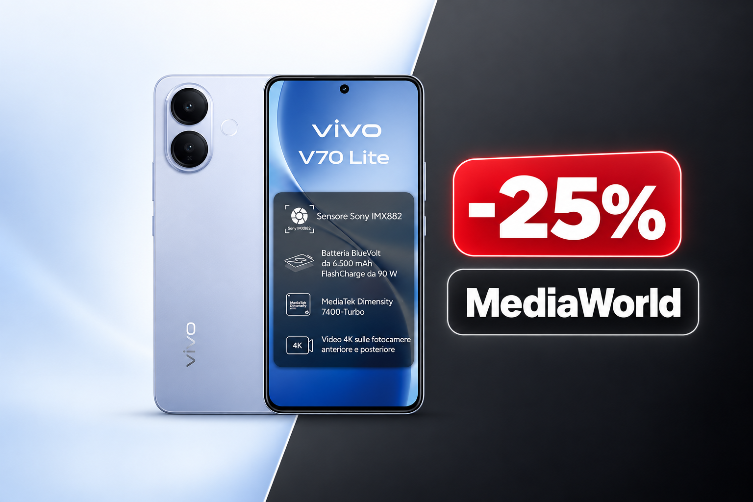 Vivo V70 Lite 5G a 299€ su MediaWorld, sconto di 100€ sul listino