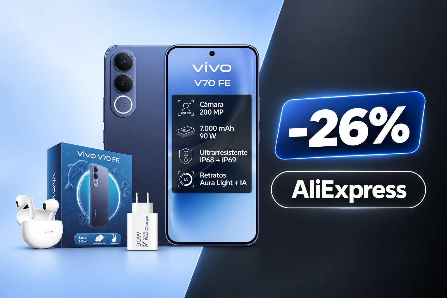 Ut Da Da Vivo V70 FE 5G a 331 euro su AliExpress con coupon, batteria da 7.000 mAh