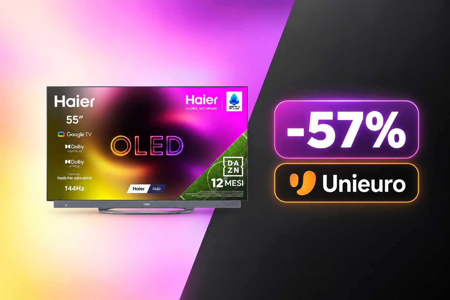 Haier OLED 55 pollici con soundbar Harman Kardon a 737€ su Unieuro, sconto 57% e 12 mesi di DAZN